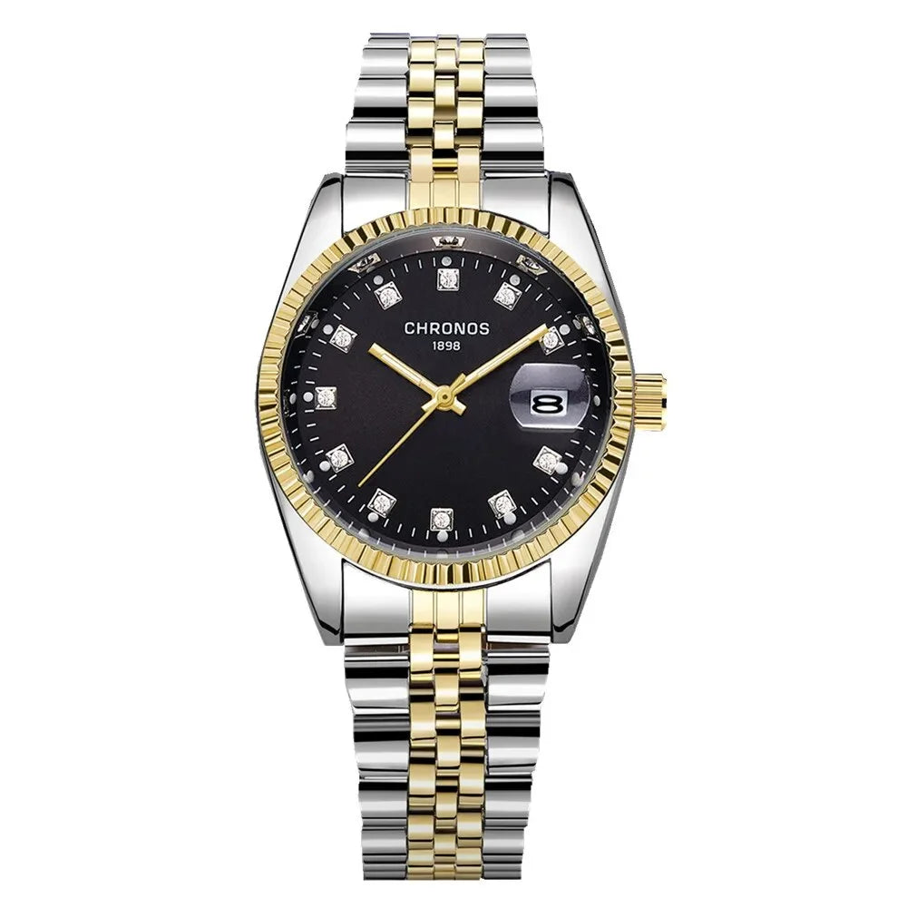 Men Luxury Rhinestone Watch Gold Waterproof Stainless Steel Bracelet Calendar Wrist Watch Male Two Tone Business Clock CH2903