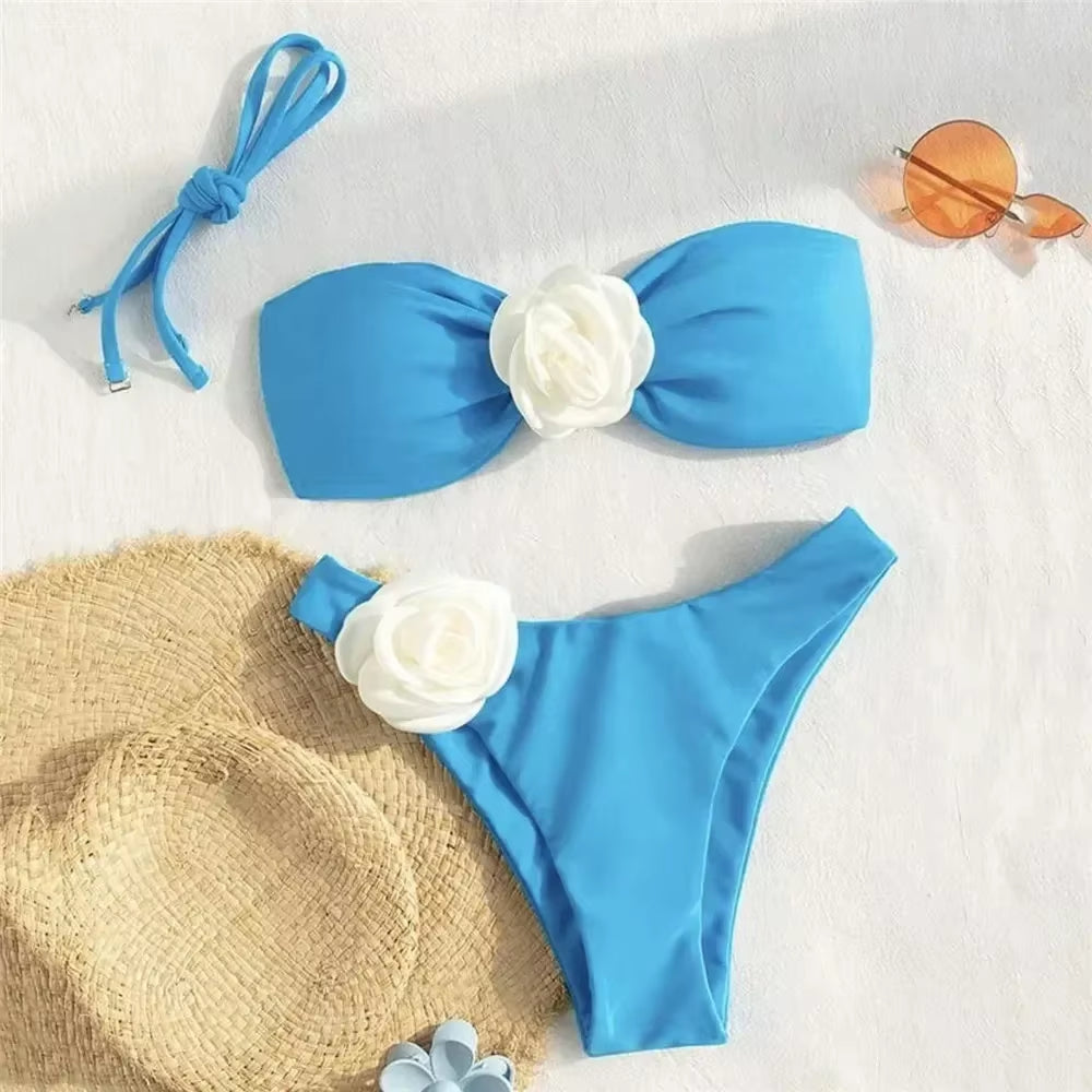 Sexy Flower Bandeau Swimwear Thong Bikini 2024 Women Lace-Up Swimsuits Swimming Bathing Suit Brazilian Bikinis Set Mujer Biquini