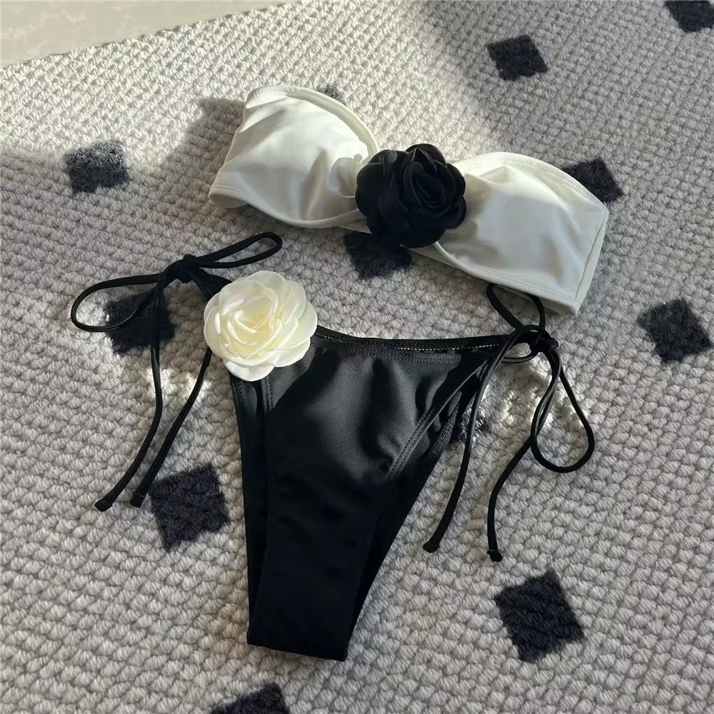 Sexy Flower Bandeau Swimwear Thong Bikini 2024 Women Lace-Up Swimsuits Swimming Bathing Suit Brazilian Bikinis Set Mujer Biquini